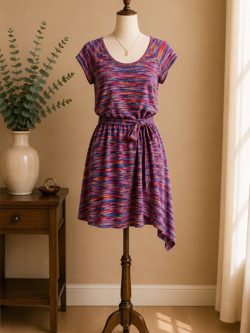 BCBG Max Azria Colorful Abstract Stripe High Low Midi Dress Belted Size Medium